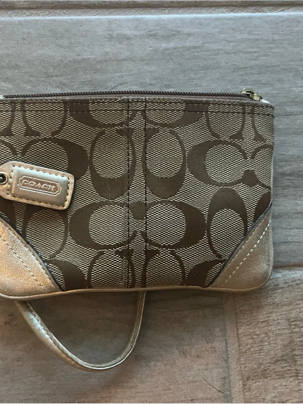 Coach Brown Signature Canvas Wristlet with Metallic Gold Trim